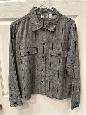 Chico's Gray Black Pinstripe Button-Front Linen Jacket NWT size 1 equiv to M/8